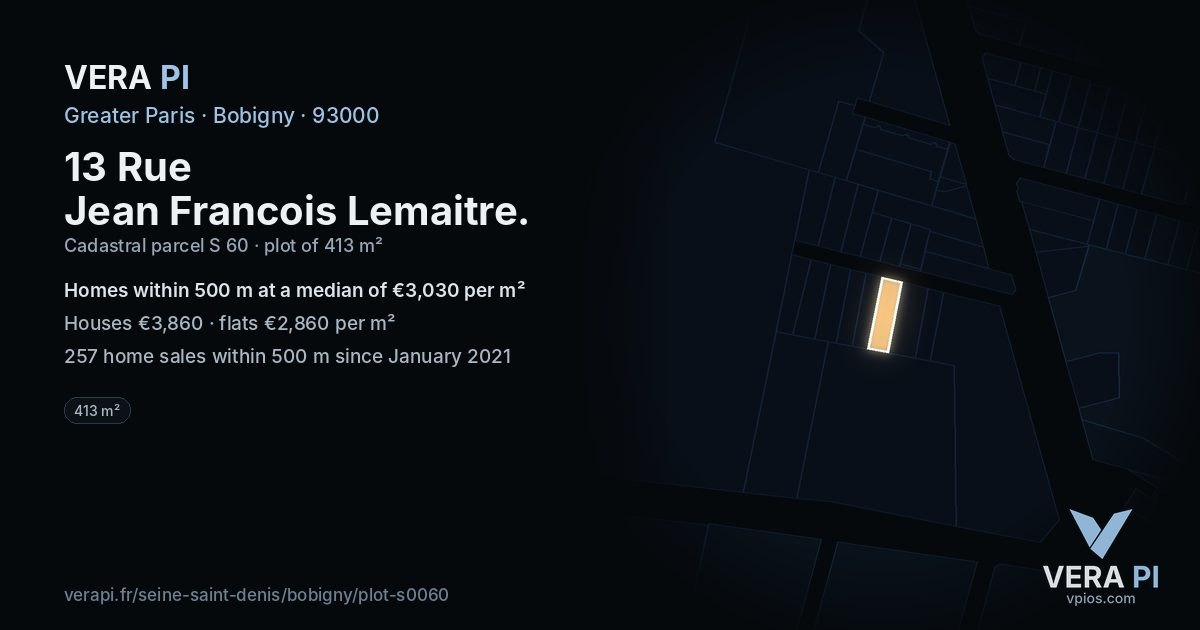 13 Rue Jean Francois Lemaitre, Bobigny at night – the plot lit, the parcels around coloured by the prices near them