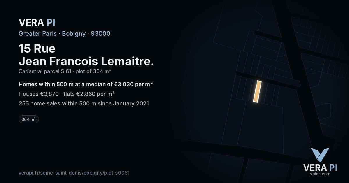 15 Rue Jean Francois Lemaitre, Bobigny at night – the plot lit, the parcels around coloured by the prices near them