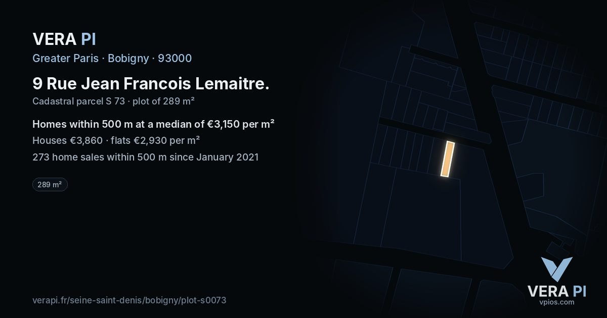 9 Rue Jean Francois Lemaitre, Bobigny at night – the plot lit, the parcels around coloured by the prices near them
