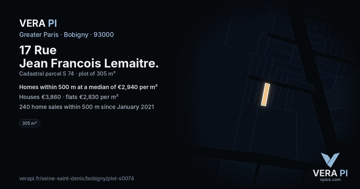 17 Rue Jean Francois Lemaitre, Bobigny at night – the plot lit, the parcels around coloured by the prices near them