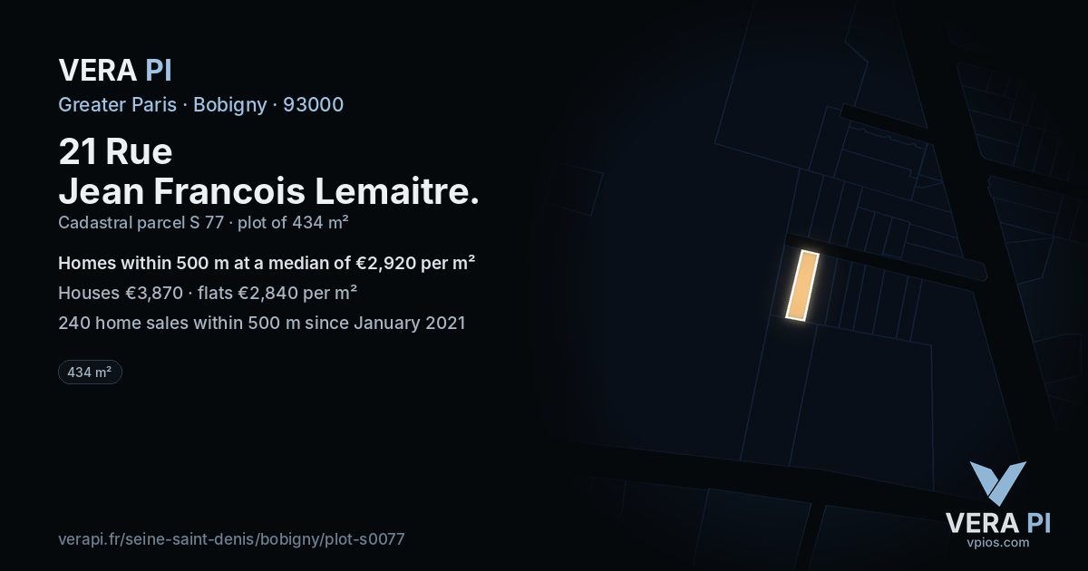 21 Rue Jean Francois Lemaitre, Bobigny at night – the plot lit, the parcels around coloured by the prices near them