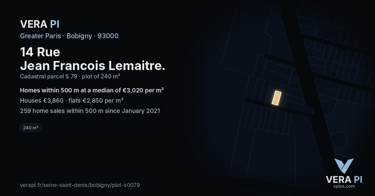 14 Rue Jean Francois Lemaitre, Bobigny at night – the plot lit, the parcels around coloured by the prices near them