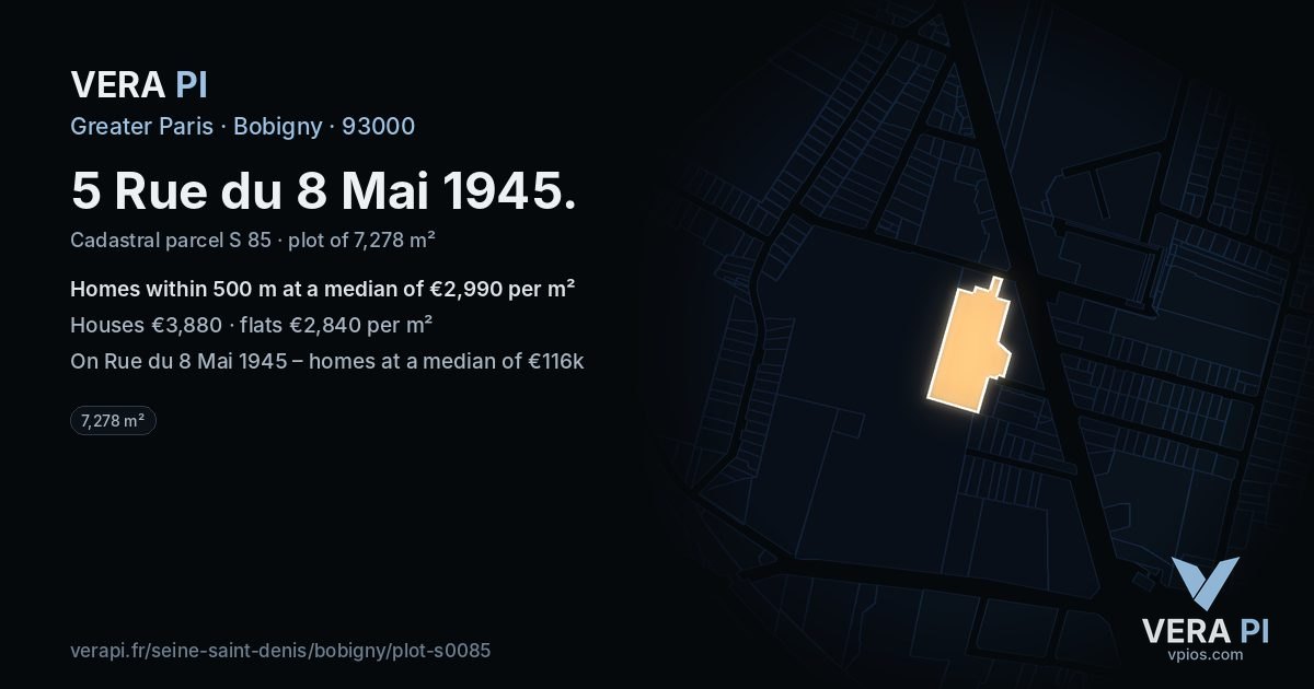 5 Rue du 8 Mai 1945, Bobigny at night – the plot lit, the parcels around coloured by the prices near them