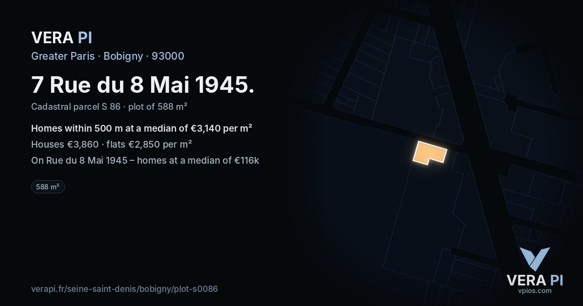 7 Rue du 8 Mai 1945, Bobigny at night – the plot lit, the parcels around coloured by the prices near them