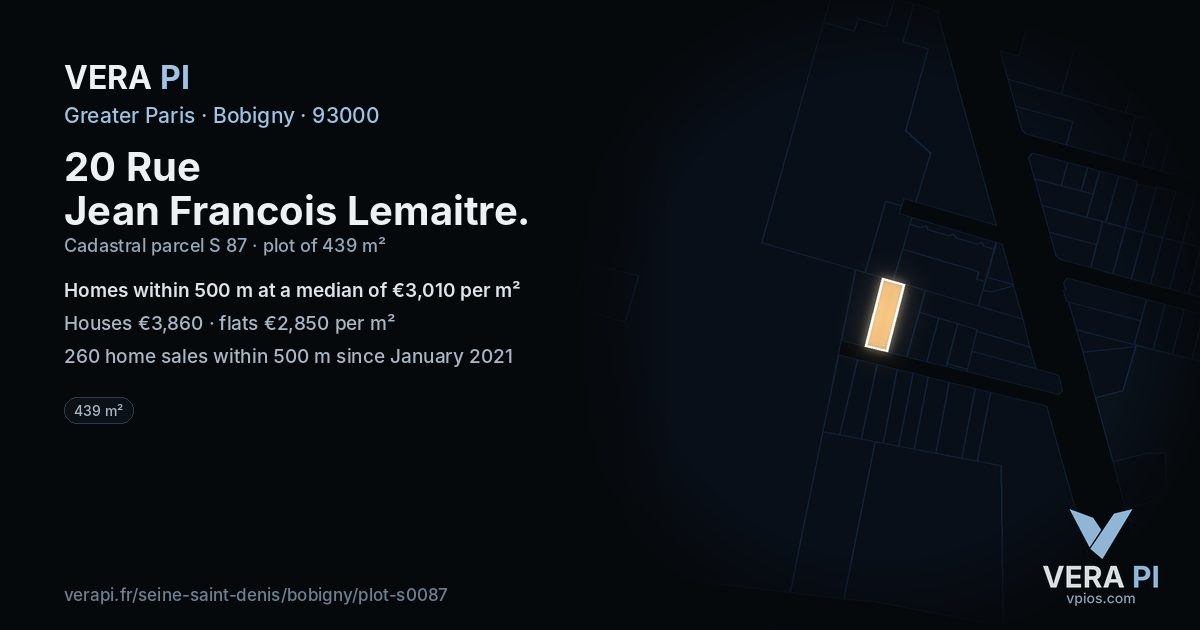 20 Rue Jean Francois Lemaitre, Bobigny at night – the plot lit, the parcels around coloured by the prices near them