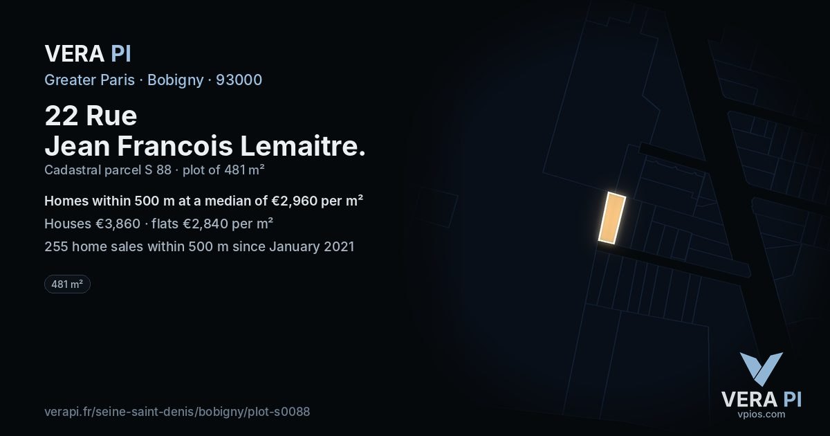 22 Rue Jean Francois Lemaitre, Bobigny at night – the plot lit, the parcels around coloured by the prices near them