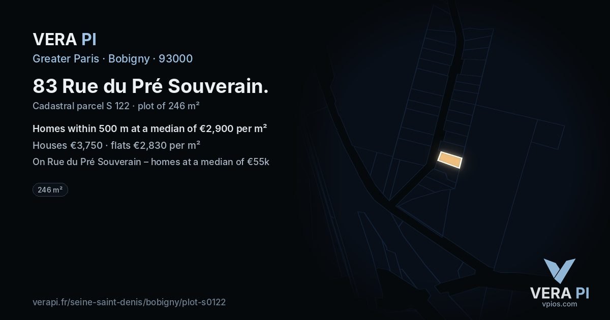 83 Rue du Pré Souverain, Bobigny at night – the plot lit, the parcels around coloured by the prices near them