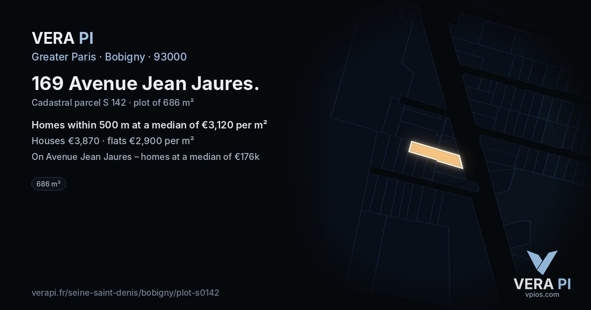 169 Avenue Jean Jaures, Bobigny at night – the plot lit, the parcels around coloured by the prices near them