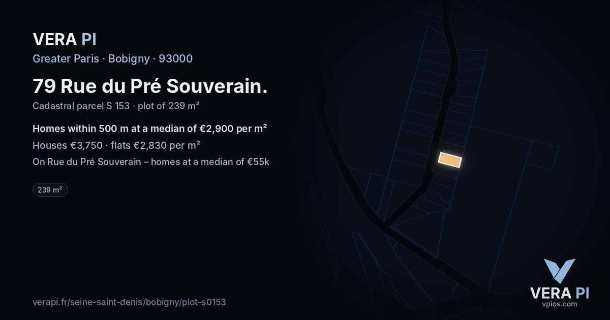 79 Rue du Pré Souverain, Bobigny at night – the plot lit, the parcels around coloured by the prices near them