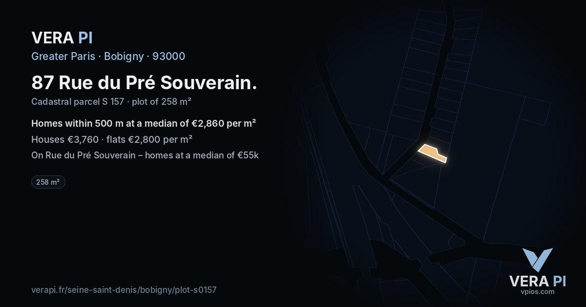 87 Rue du Pré Souverain, Bobigny at night – the plot lit, the parcels around coloured by the prices near them