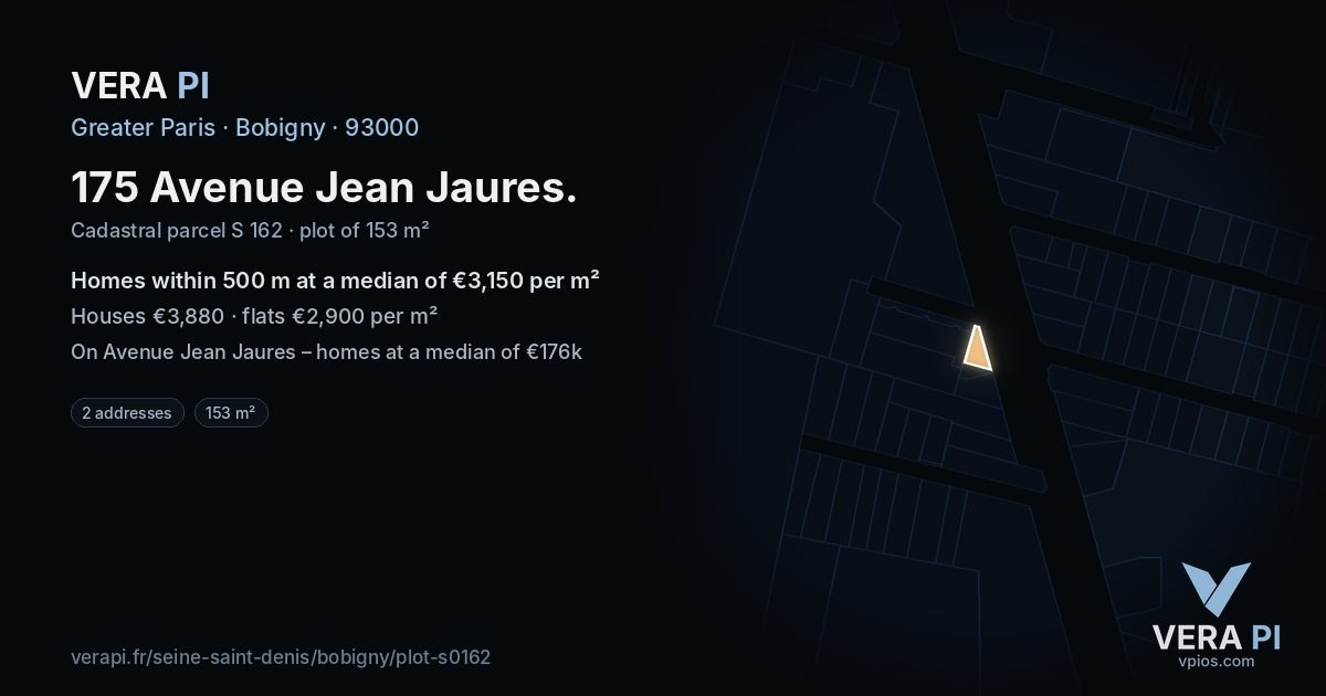 175 Avenue Jean Jaures, Bobigny at night – the plot lit, the parcels around coloured by the prices near them
