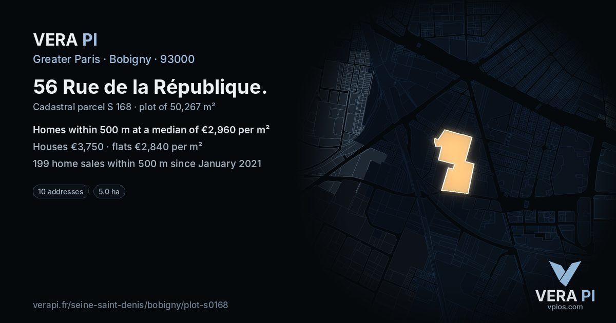 56 Rue de la République, Bobigny at night – the plot lit, the parcels around coloured by the prices near them