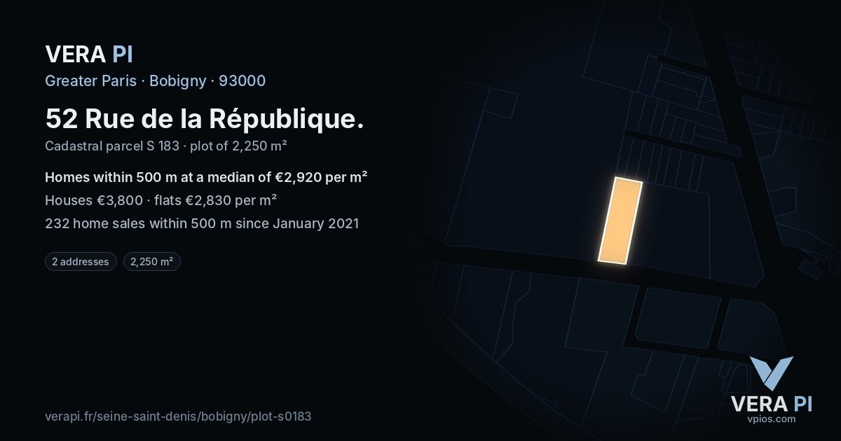 52 Rue de la République, Bobigny at night – the plot lit, the parcels around coloured by the prices near them