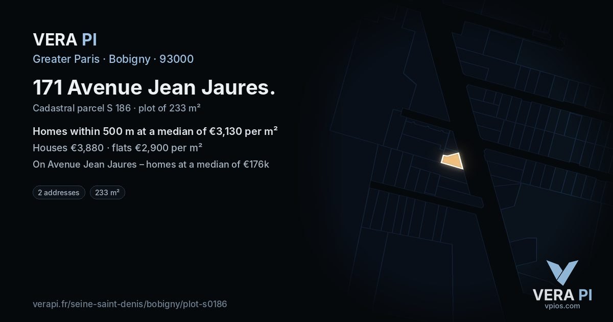 171 Avenue Jean Jaures, Bobigny at night – the plot lit, the parcels around coloured by the prices near them