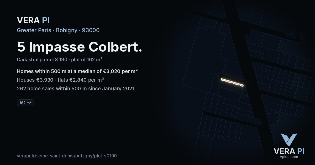 5 Impasse Colbert, Bobigny at night – the plot lit, the parcels around coloured by the prices near them