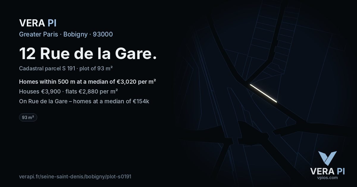 12 Rue de la Gare, Bobigny at night – the plot lit, the parcels around coloured by the prices near them