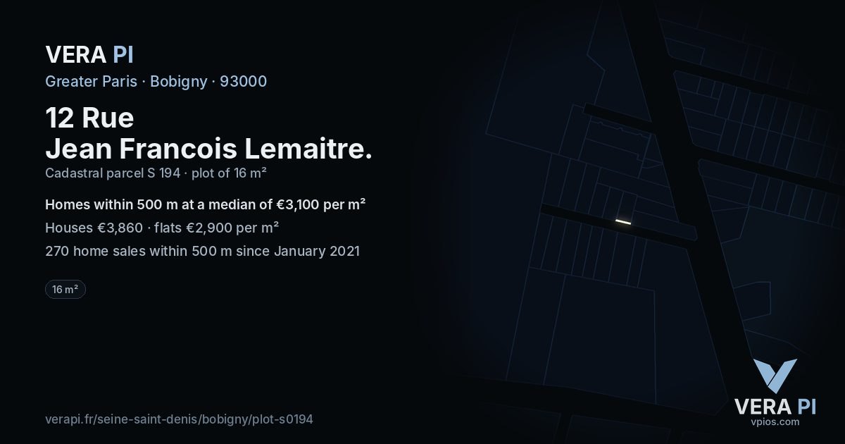 12 Rue Jean Francois Lemaitre, Bobigny at night – the plot lit, the parcels around coloured by the prices near them
