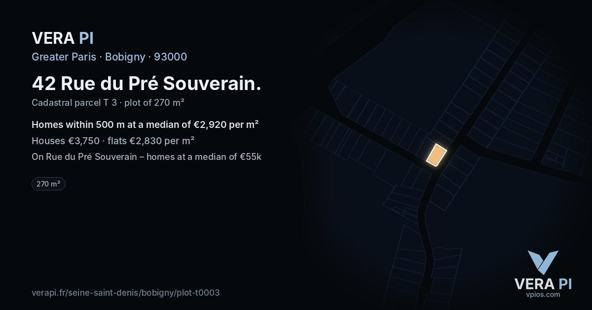 42 Rue du Pré Souverain, Bobigny at night – the plot lit, the parcels around coloured by the prices near them
