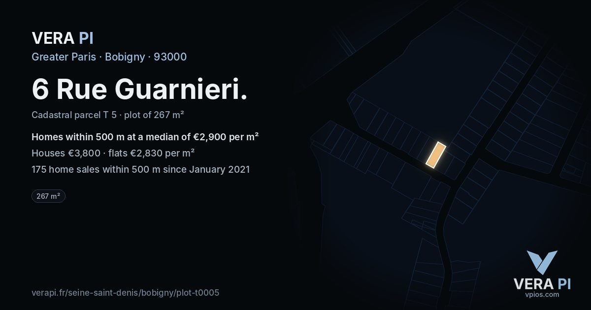 6 Rue Guarnieri, Bobigny at night – the plot lit, the parcels around coloured by the prices near them