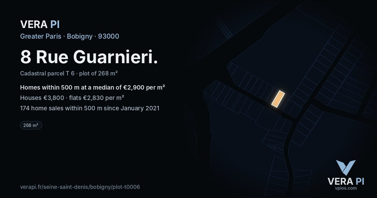 8 Rue Guarnieri, Bobigny at night – the plot lit, the parcels around coloured by the prices near them