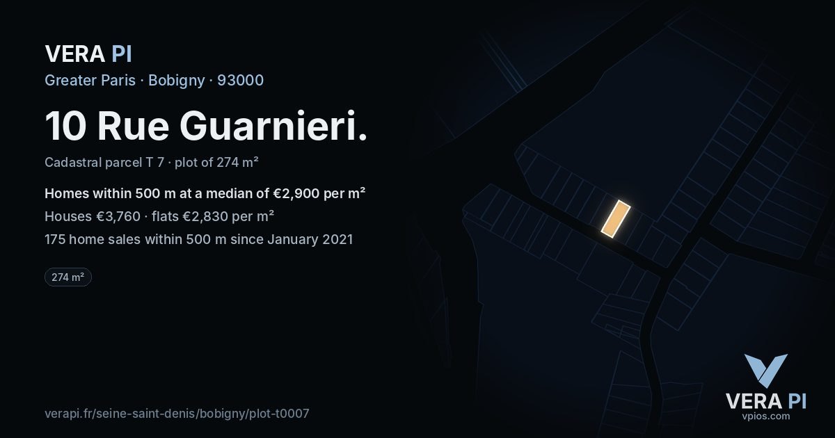 10 Rue Guarnieri, Bobigny at night – the plot lit, the parcels around coloured by the prices near them