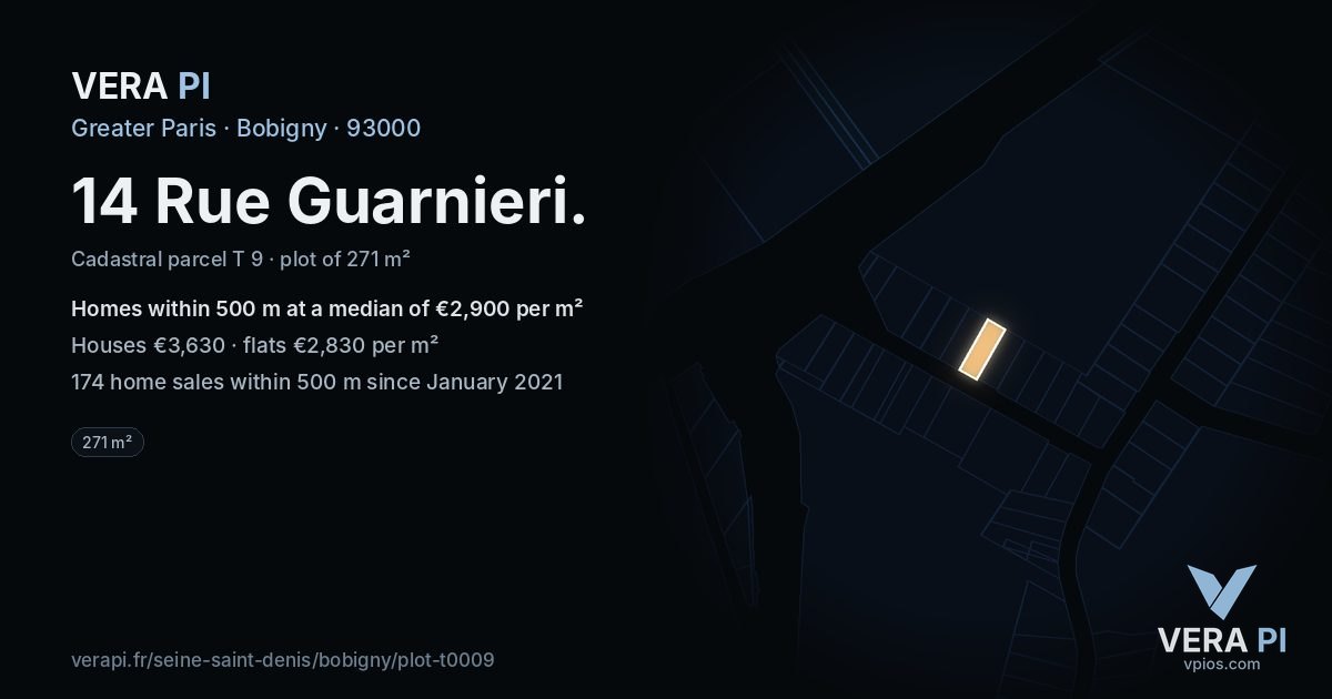 14 Rue Guarnieri, Bobigny at night – the plot lit, the parcels around coloured by the prices near them