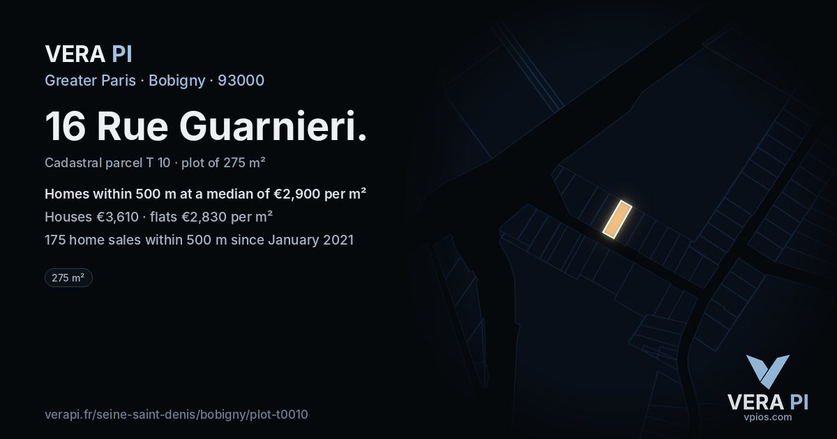 16 Rue Guarnieri, Bobigny at night – the plot lit, the parcels around coloured by the prices near them