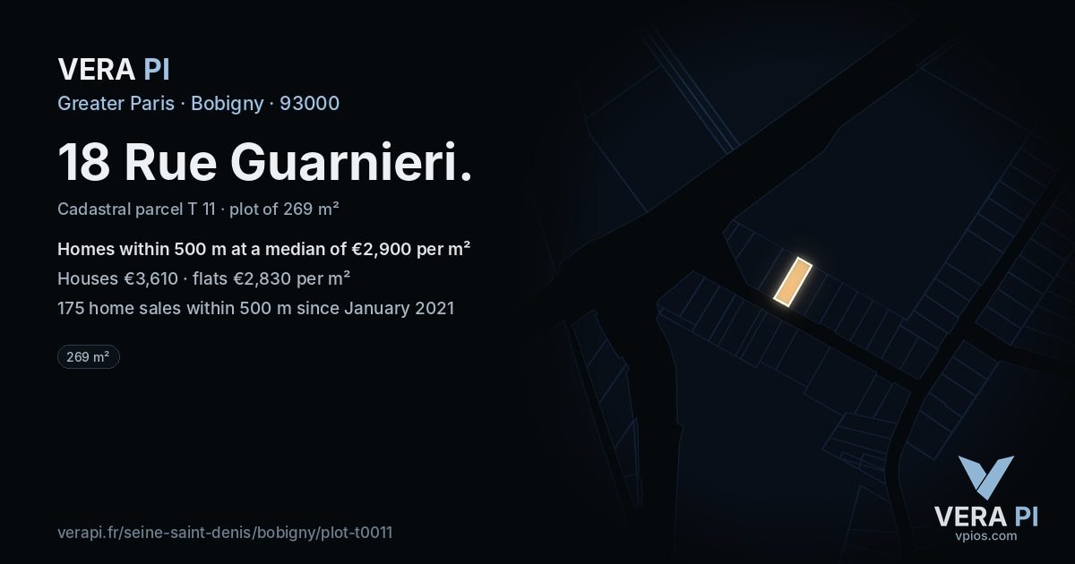 18 Rue Guarnieri, Bobigny at night – the plot lit, the parcels around coloured by the prices near them