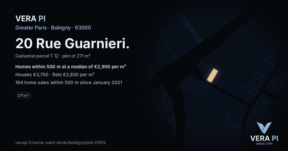 20 Rue Guarnieri, Bobigny at night – the plot lit, the parcels around coloured by the prices near them