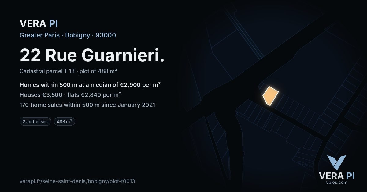 22 Rue Guarnieri, Bobigny at night – the plot lit, the parcels around coloured by the prices near them