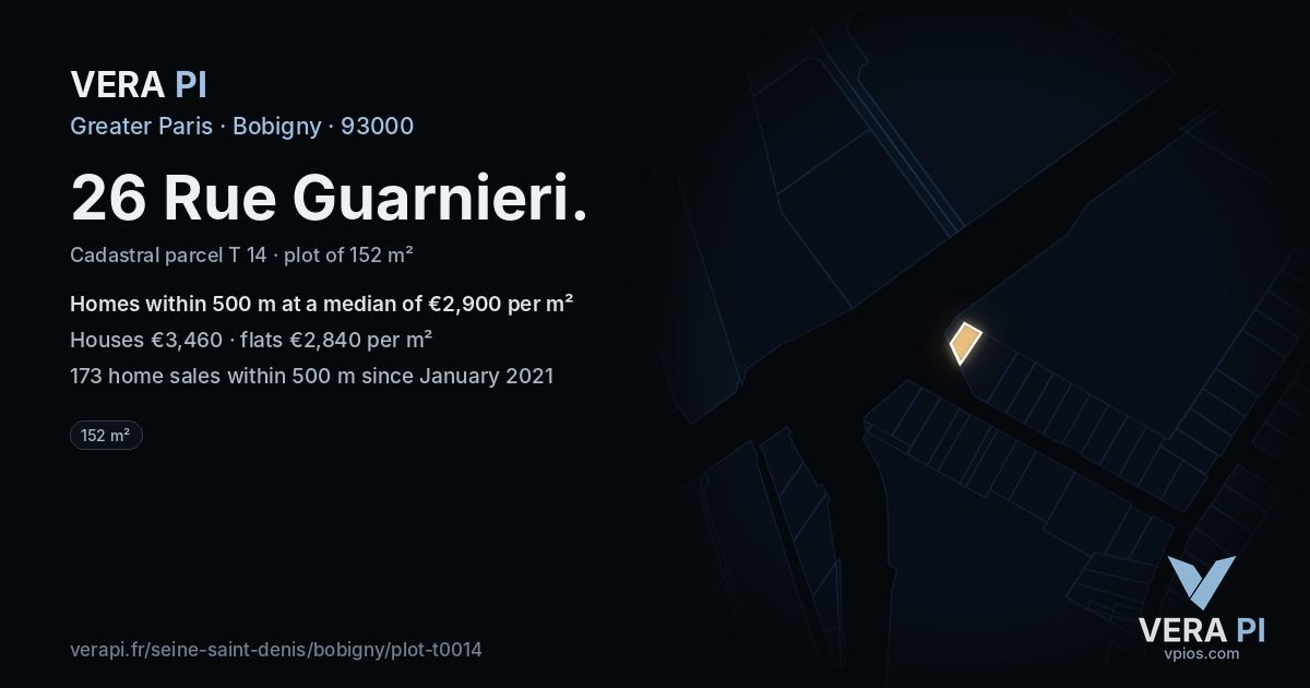 26 Rue Guarnieri, Bobigny at night – the plot lit, the parcels around coloured by the prices near them