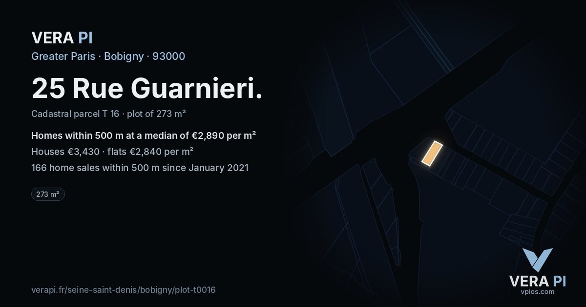25 Rue Guarnieri, Bobigny at night – the plot lit, the parcels around coloured by the prices near them