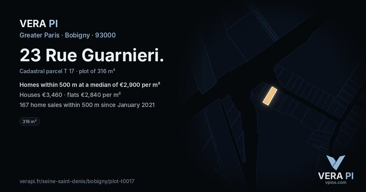 23 Rue Guarnieri, Bobigny at night – the plot lit, the parcels around coloured by the prices near them