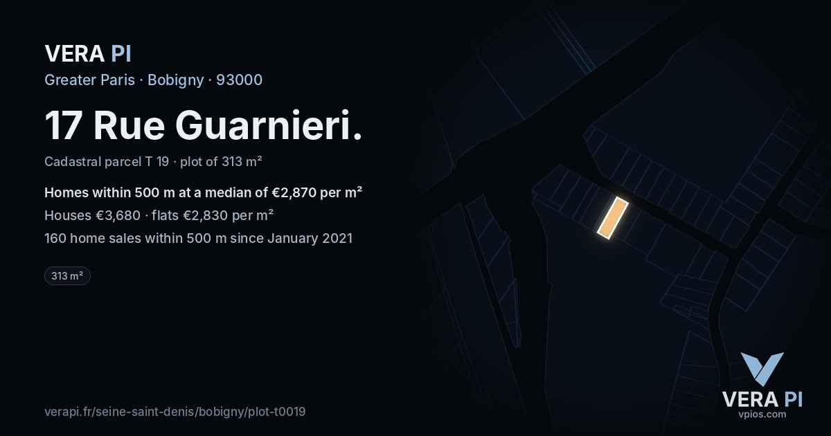 17 Rue Guarnieri, Bobigny at night – the plot lit, the parcels around coloured by the prices near them