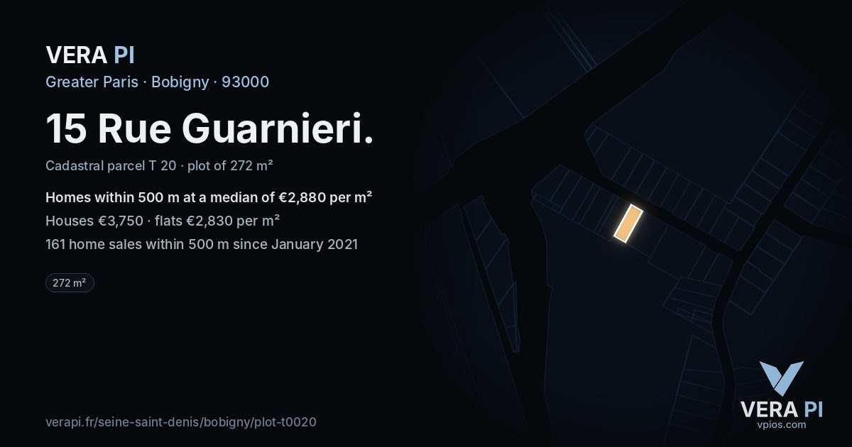 15 Rue Guarnieri, Bobigny at night – the plot lit, the parcels around coloured by the prices near them