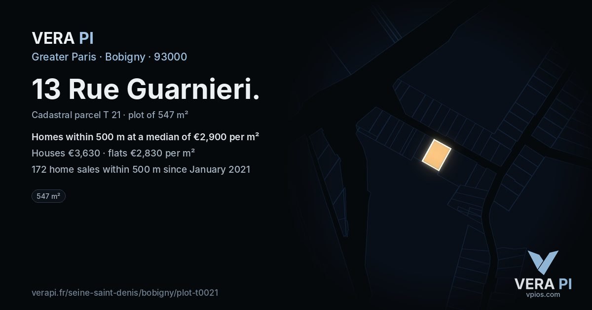 13 Rue Guarnieri, Bobigny at night – the plot lit, the parcels around coloured by the prices near them