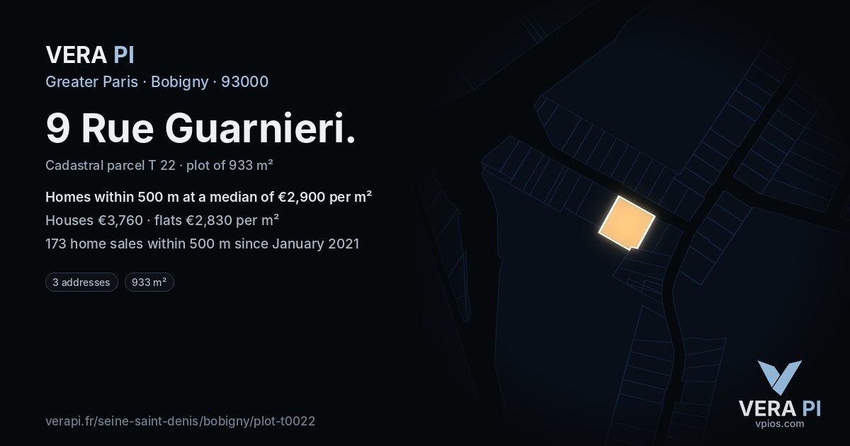9 Rue Guarnieri, Bobigny at night – the plot lit, the parcels around coloured by the prices near them