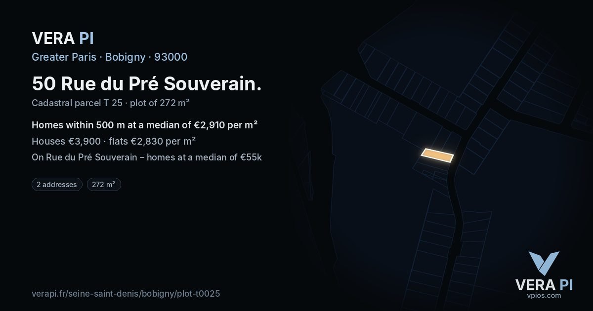 50 Rue du Pré Souverain, Bobigny at night – the plot lit, the parcels around coloured by the prices near them