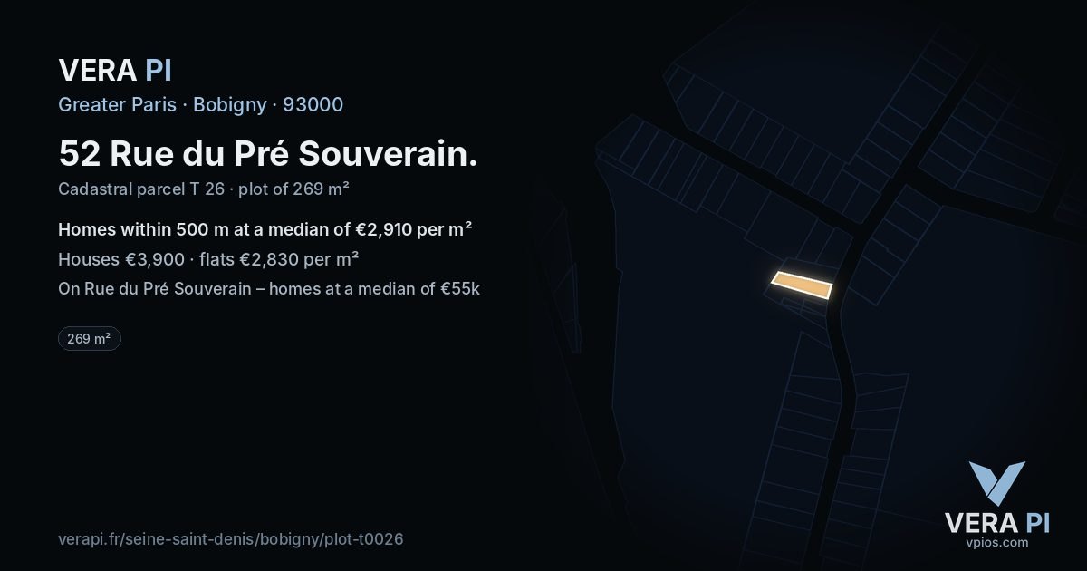 52 Rue du Pré Souverain, Bobigny at night – the plot lit, the parcels around coloured by the prices near them