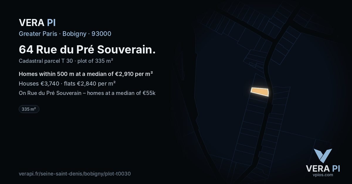 64 Rue du Pré Souverain, Bobigny at night – the plot lit, the parcels around coloured by the prices near them