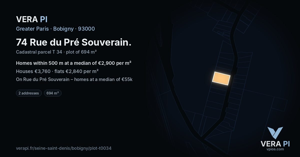 74 Rue du Pré Souverain, Bobigny at night – the plot lit, the parcels around coloured by the prices near them
