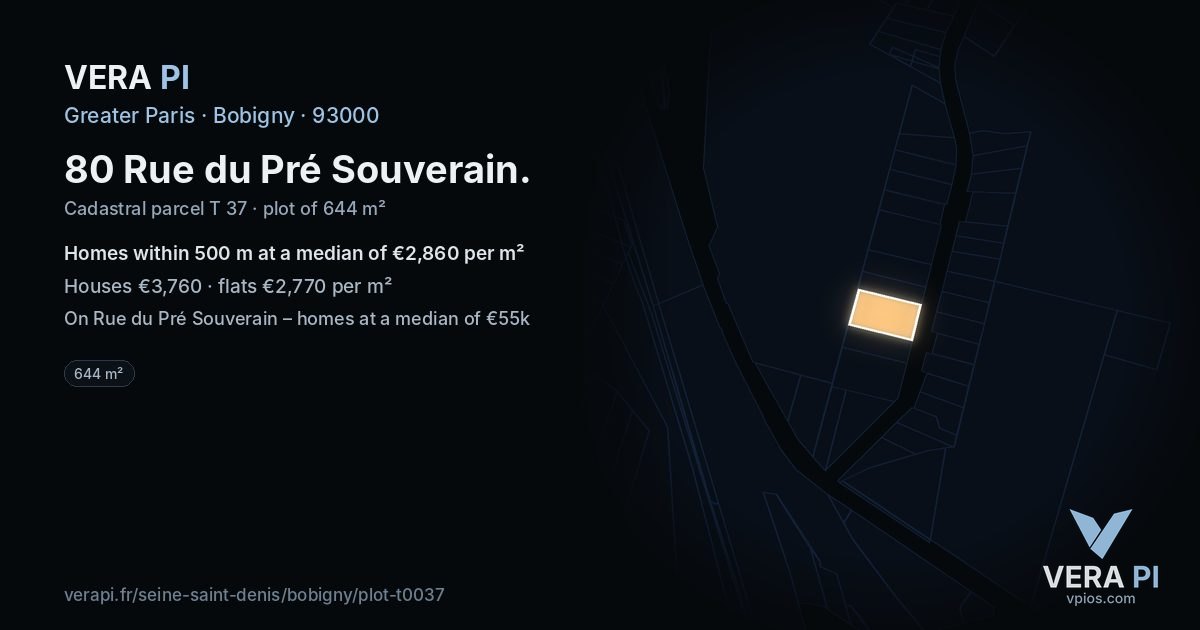80 Rue du Pré Souverain, Bobigny at night – the plot lit, the parcels around coloured by the prices near them