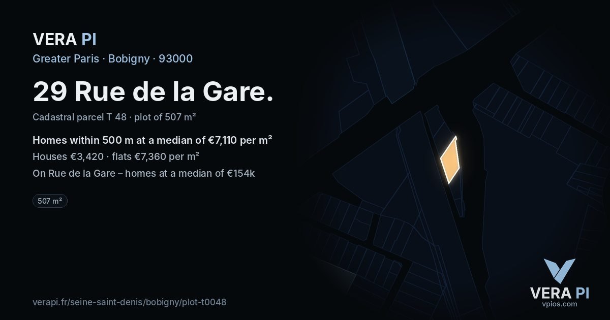 29 Rue de la Gare, Bobigny at night – the plot lit, the parcels around coloured by the prices near them