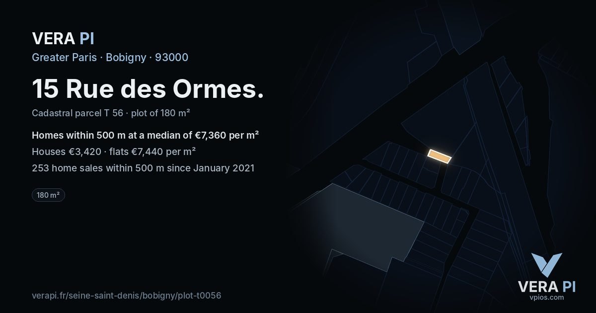 15 Rue des Ormes, Bobigny at night – the plot lit, the parcels around coloured by the prices near them