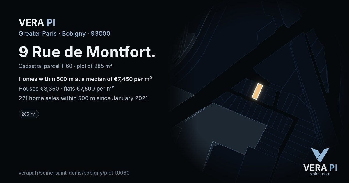 9 Rue de Montfort, Bobigny at night – the plot lit, the parcels around coloured by the prices near them