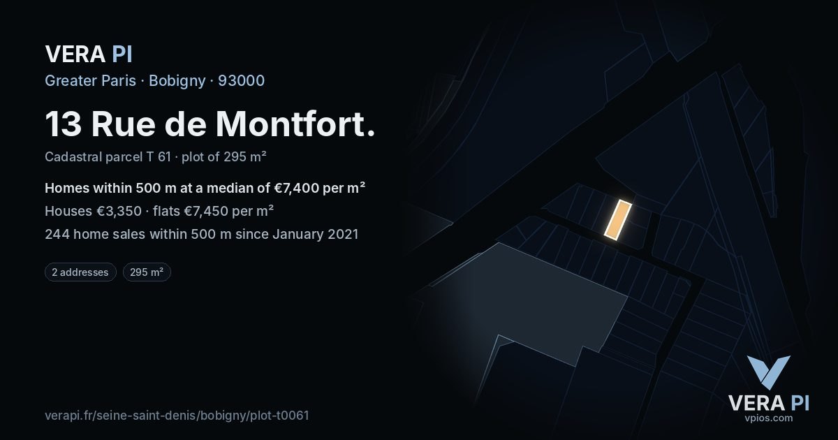 13 Rue de Montfort, Bobigny at night – the plot lit, the parcels around coloured by the prices near them