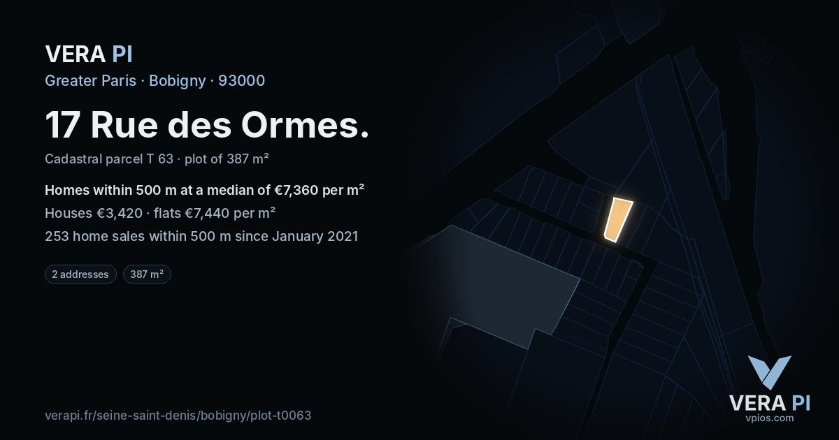 17 Rue des Ormes, Bobigny at night – the plot lit, the parcels around coloured by the prices near them
