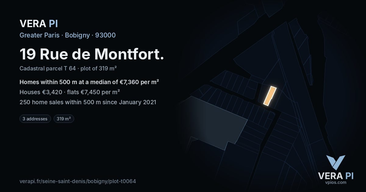 19 Rue de Montfort, Bobigny at night – the plot lit, the parcels around coloured by the prices near them
