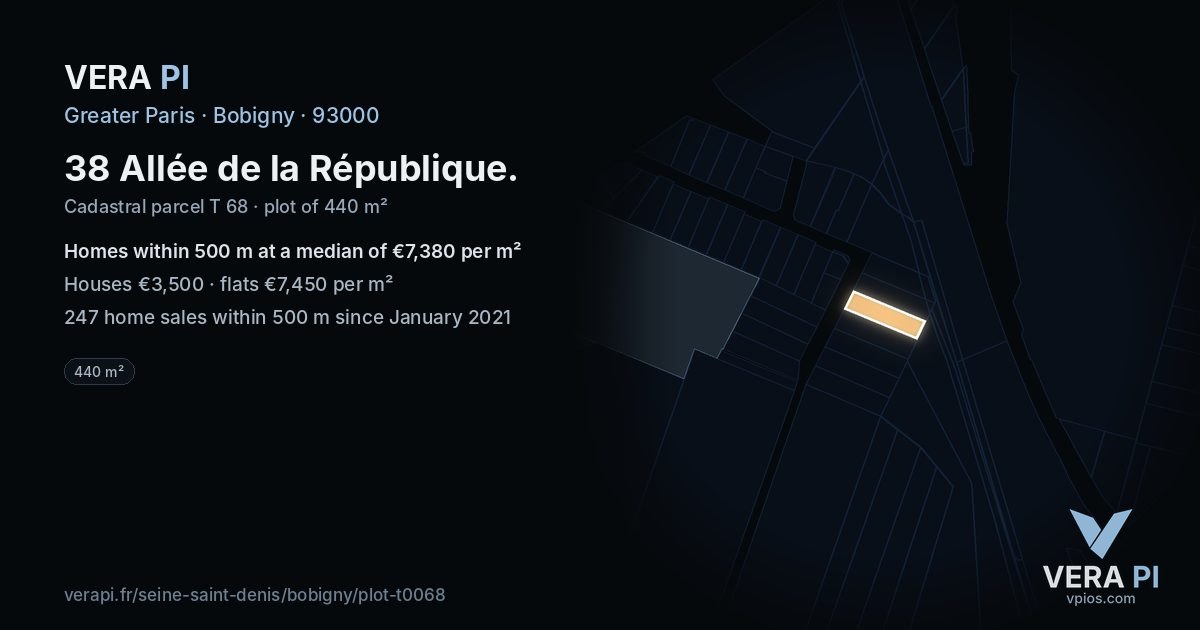 38 Allée de la République, Bobigny at night – the plot lit, the parcels around coloured by the prices near them