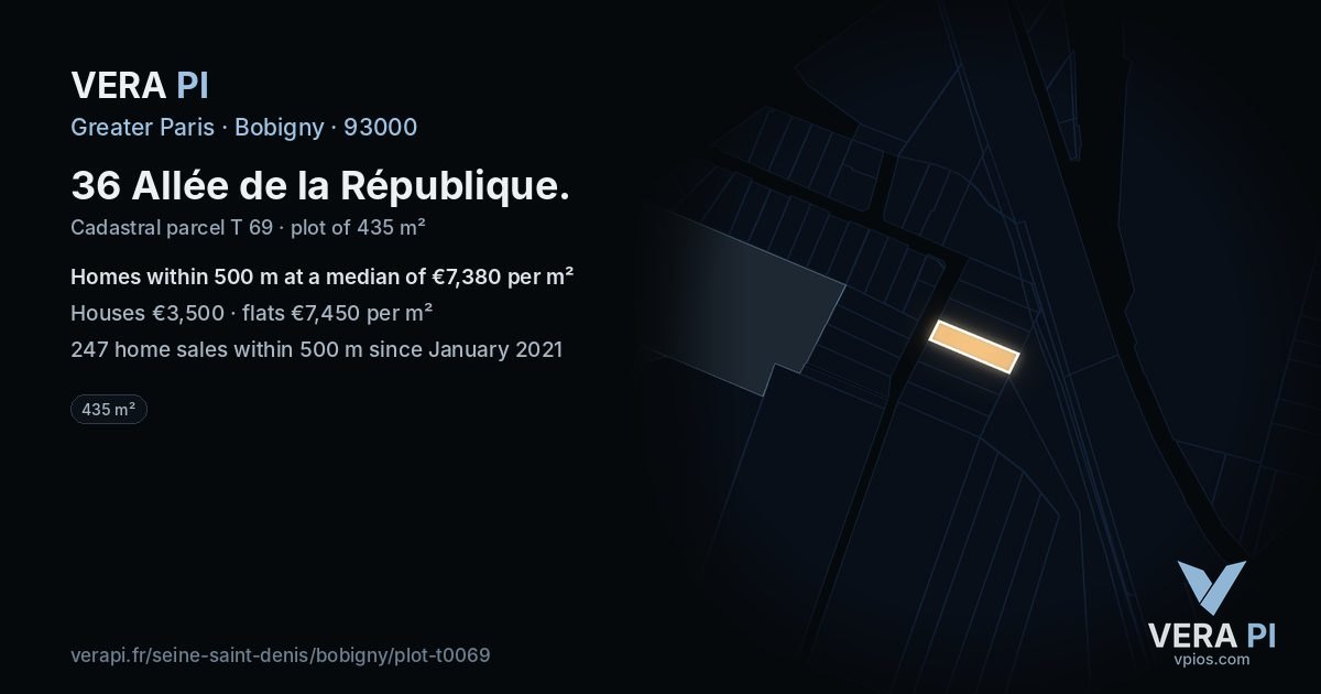 36 Allée de la République, Bobigny at night – the plot lit, the parcels around coloured by the prices near them